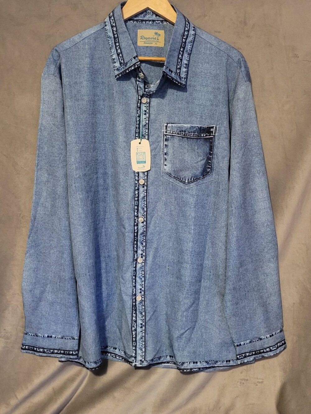 Royaura Hawaiian Shirt Faux Denim Print Blue Men's  XL